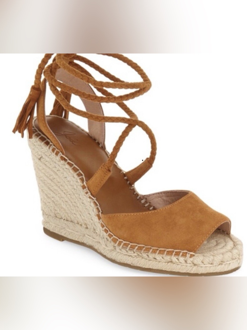 NWOT Joie l Phyllis Tan Suede Espadrille Wedge Sandals with Lace-Up Ankle